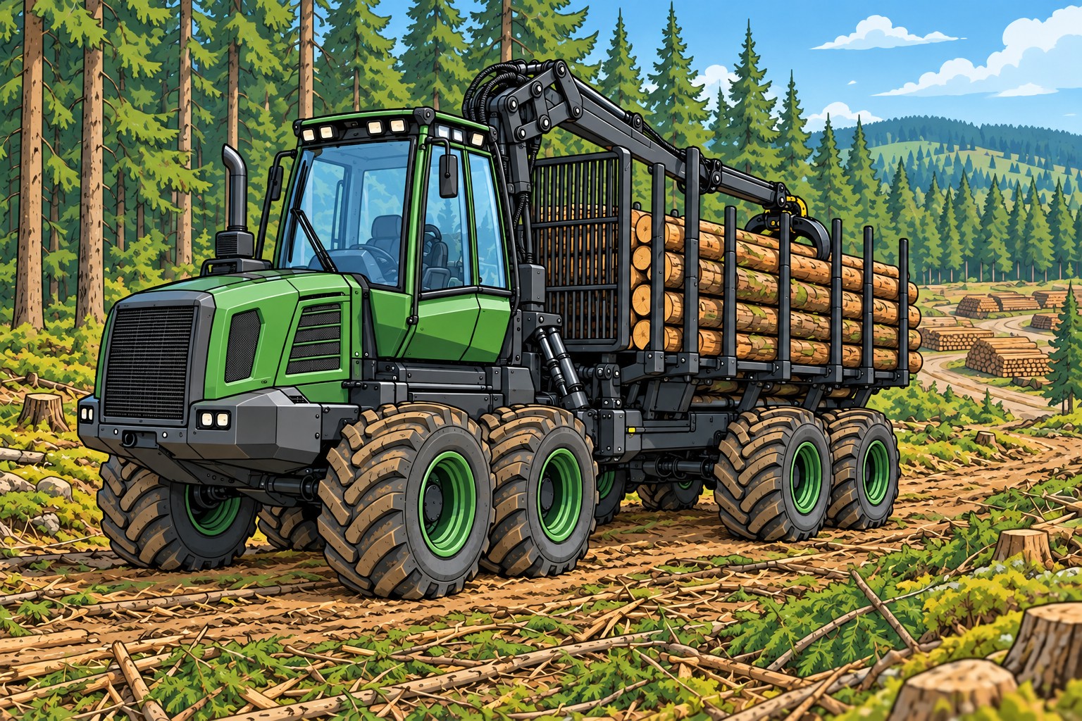 Green eight-wheel forestry forwarder with timber carried lengthways inside the bunk