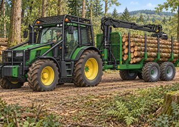 Cartoon illustration of a forestry-protected tractor and timber forwarding trailer