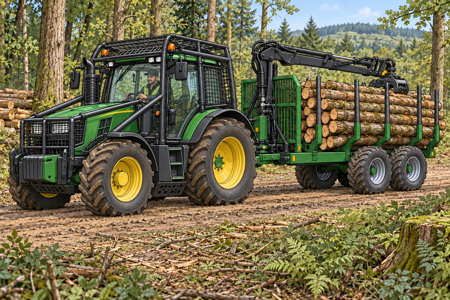 Forestry-protected tractor and timber forwarding trailer