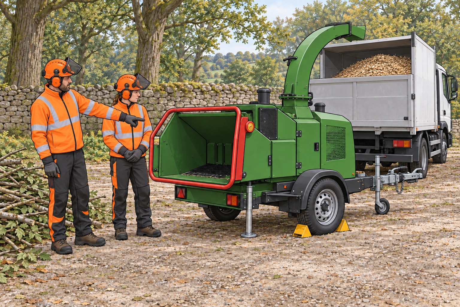 Cartoon illustration of a woodchipper and operator in protective equipment